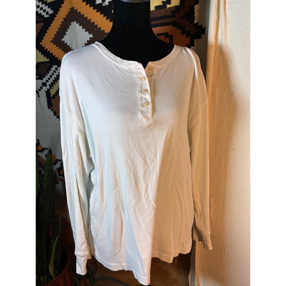 Hunt Club Henley Top Womens L White Excellent Long Sleeve Ribbed Cotton
